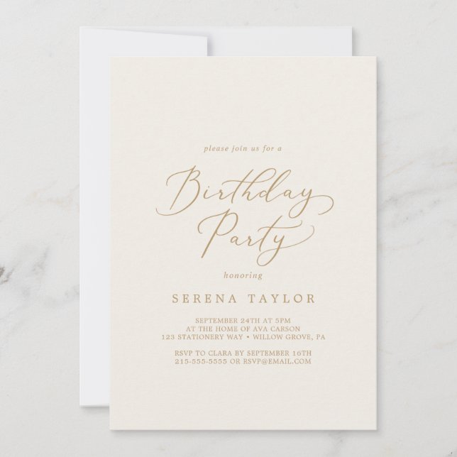 Delikate Goldkalligraphie | Creme Birthday Party Einladung (Vorderseite)