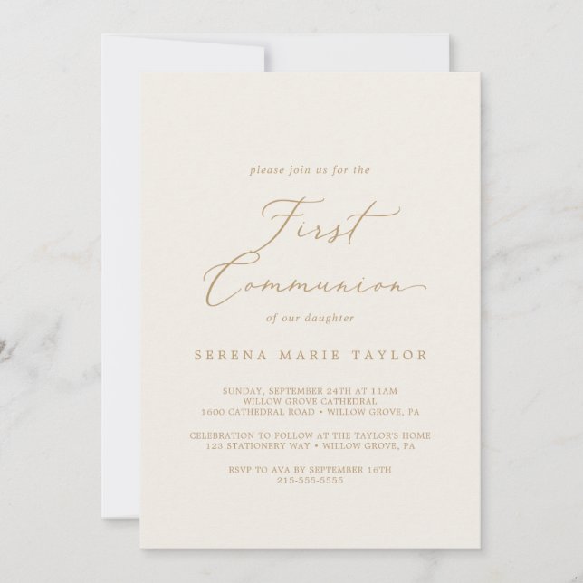 Delikate Goldkalligraphie | Creme First Communatio Einladung (Vorderseite)