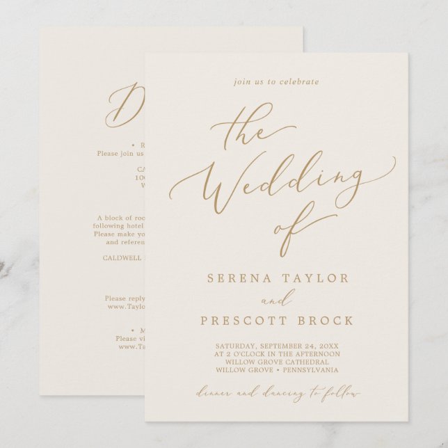 Delikate Goldkalligraphie-Creme in einer Hochzeit Einladung (Vorne/Hinten)