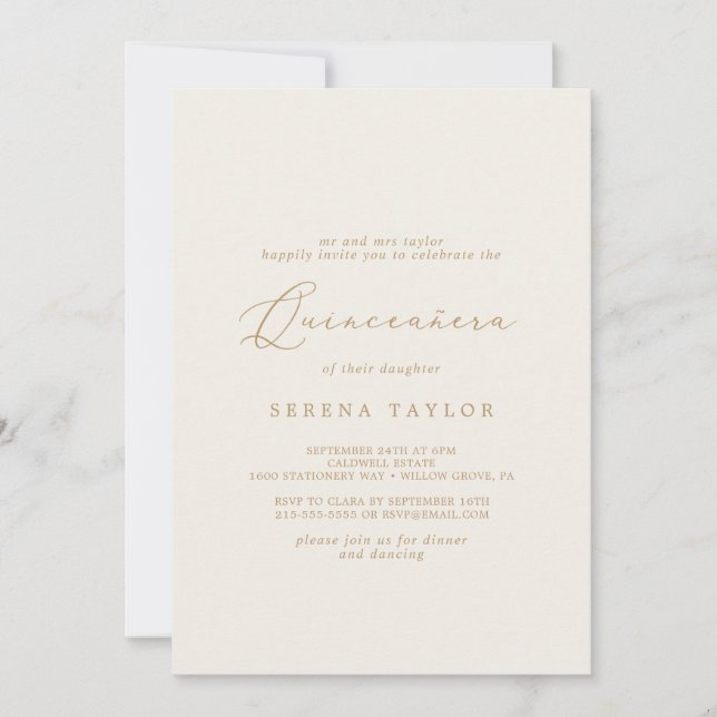 Delikate Goldkalligraphie | Creme Quinceañera Einladung (Vorderseite)