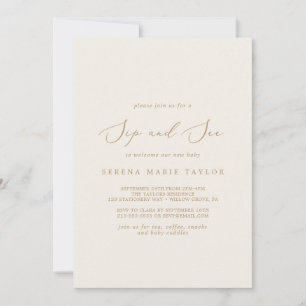 Delikate Goldkalligraphie Creme Sip and See Einladung