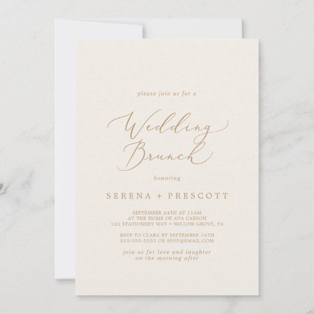 Delikate Goldkalligraphie | Creme Wedding Brunch Einladung (Vorderseite)