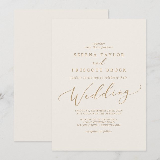 Delikate Goldkalligraphie | CremeWedding Einladung (Vorne/Hinten)