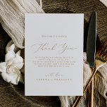 Delikate Goldkalligraphie Danke Empfang Card Postkarte<br><div class="desc">Diese delikate Goldkalligraphie ist dank Ihrer Empfang-Karte perfekt für eine moderne Hochzeit. Das romantische minimalistische Design besticht durch eine hübsche und elegante Champagner-goldgelbe Typografie auf weißem Hintergrund mit einem klaren und schlichten Look. Platzieren Sie diese Karten am Tisch für jeden Ihrer Gäste an Ihrem Hochzeitsempfang. Personalisieren Sie die Karte mit...</div>