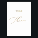 Delikate Goldkalligraphie Drei Tischnummern<br><div class="desc">Dieser zarte Goldkalligraphietisch mit drei Tischnummern eignet sich perfekt für eine moderne Hochzeit. Das romantische minimalistische Design besticht durch eine hübsche und elegante Champagner-goldgelbe Typografie auf weißem Hintergrund mit einem klaren und schlichten Look. Die Karte druckt auf der Vorder- und Rückseite (beidseitig). Andere Tischnummern in der Sammlung werden separat verkauft....</div>