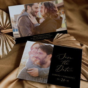 Delikate Goldkalligraphie Schwarzes Foto Save The Date