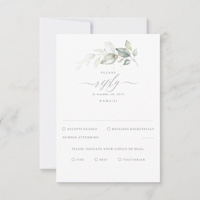 Delikate Grünanlage und Gold Wedding RSVP Karte (Vorderseite)