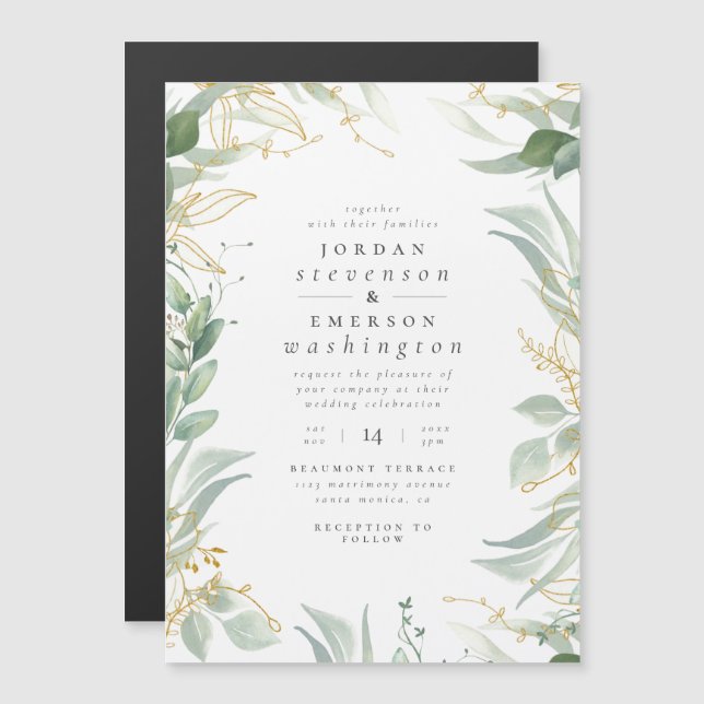 Delikate grüne Blätter und Goldzweige Hochzeiten Magneteinladung (Vorne/Hinten)