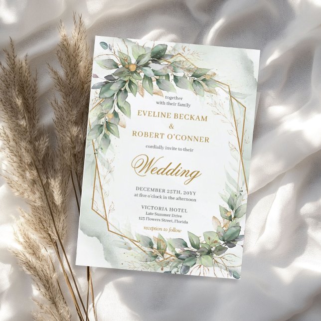 Delikate grüne Eukalyptus und Goldhochzeit Einladung (Delicate green eucalyptus and gold wedding invitation)