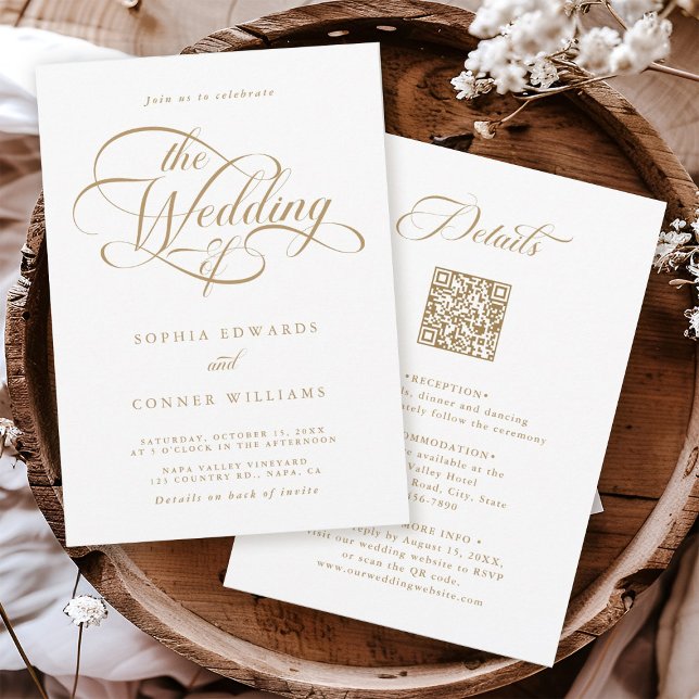 Delikate Hochzeiten in Gold und Weiß Einladung (Front & Back)