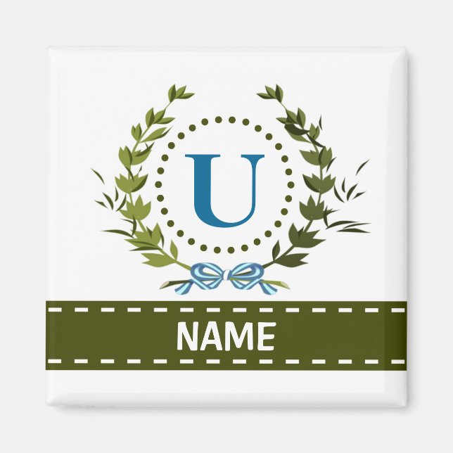 Delikate Ivy Wreath and Bow Name mit Monogramm U Magnet (Vorne)
