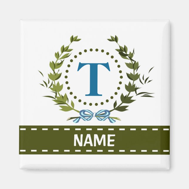 Delikate Ivy Wreath und Bow Name mit Monogramm T Magnet (Vorne)