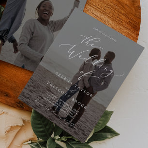 Delikate Kalligrafie Dunkle Foto Overlay Hochzeit Einladung