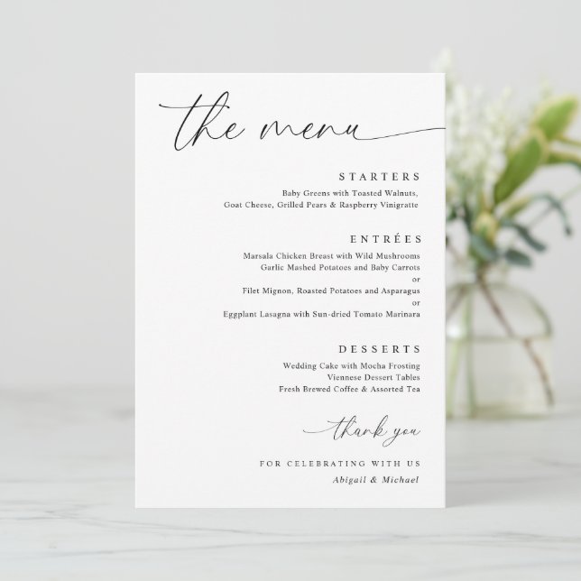 Delikate Kalligrafie Moderne romantische Hochzeit Menükarte (Stehend Vorderseite)