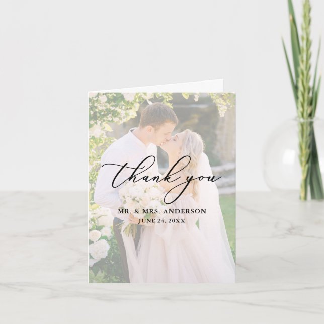 Delikate Kalligrafie Wedding 2 Foto Overlay Hinwei Dankeskarte (Vorderseite)