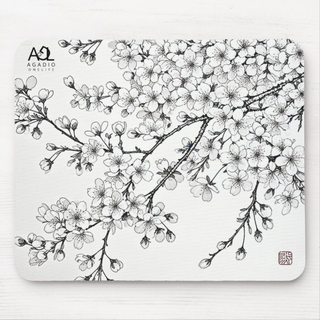 Delikate Kirschblossom Kunst in Monochrom Mousepad (Vorne)