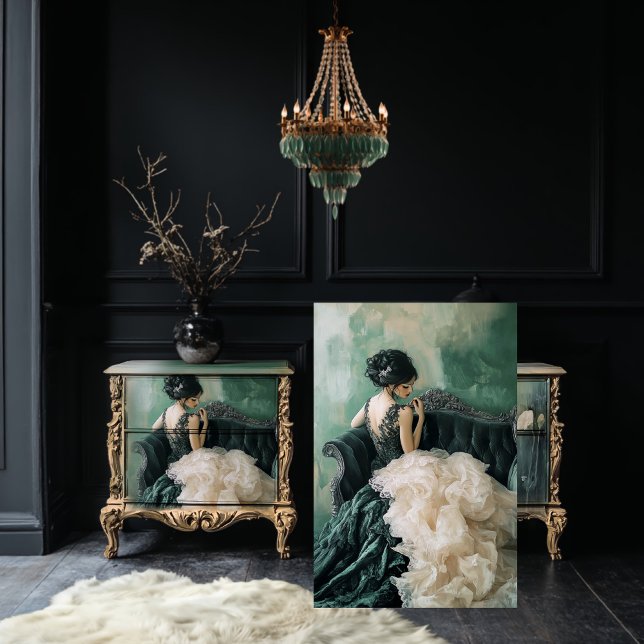 Delikate Kostüme Elegante Frauen Sitzen, französis Seidenpapier (Woman sitting, Delicate Plumes Portrait Beauty, Emerald Green & Beige Decoupage Tissue Paper.)