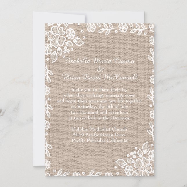 Delikate Lace Burlap Rustic Country Wedding Einladung (Vorderseite)