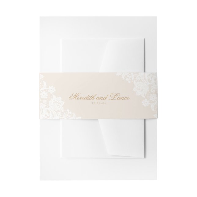 Delikate Lace Corner Elfenbein und Gold Script Wed Einladungsbanderole (Vorderseite Beispiel)