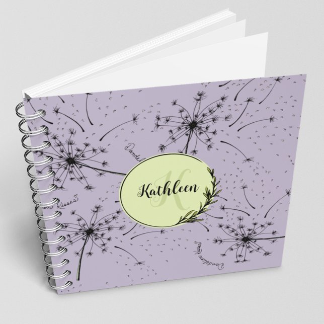 Delikate Lila Wildblume Dandelion Kisses Floral Notizbuch (Beautiful hand-drawn Dandelion blowing kisses into the wind (tiny hearts). Choose lined/blank pages)