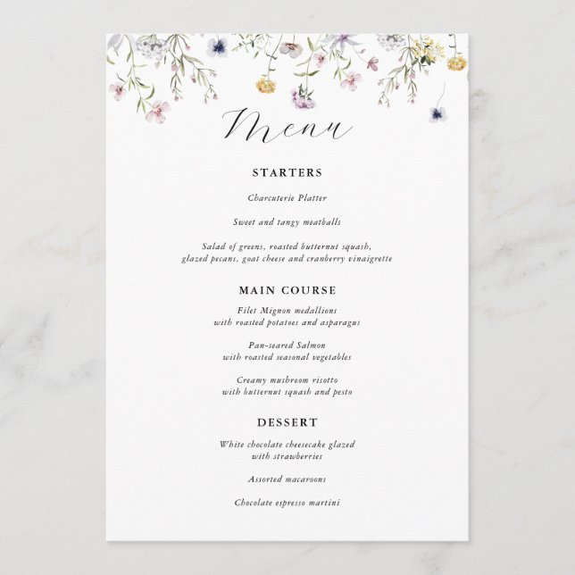 Delikate Lila Wildblume-Hochzeitmenü Menükarte (Vorderseite)