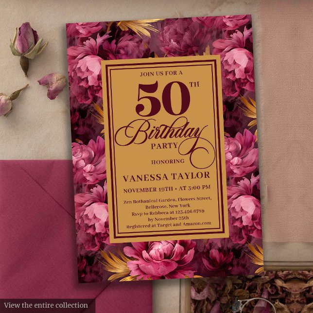 Delikate Merlot-Errötung Gold Blüte 50. Geburtstag Einladung (Delicate merlot blush gold floral 50th birthday invite

)
