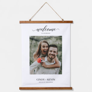 Delikate Minimal Script Foto Hochzeit Willkommen Wandteppich Mit Holzrahmen