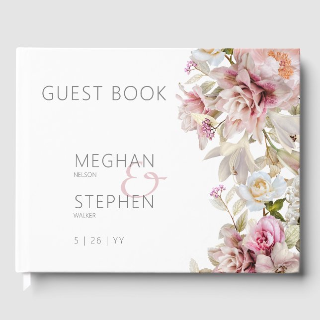 Delikate Moderne rosa Rose & Lily Wedding Gästebuch (Vorderseite)