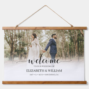 Delikate moderne Script Foto Hochzeit Willkommen Wandteppich Mit Holzrahmen