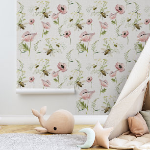 Delikate Mohn, Bienen, Wildblume Aquarell Tapete