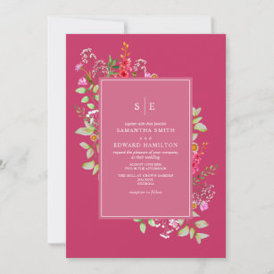 Delikate Neon Wildblume Hot Pink Wedding Initialen Einladung