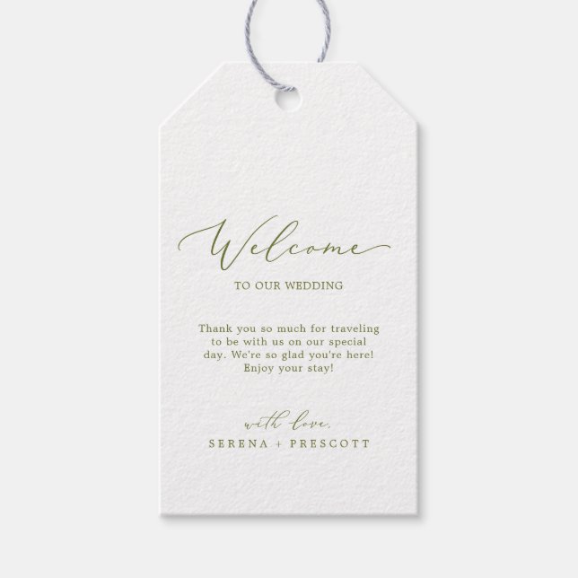 Delikate Olive Green Calligraphy Wedding Willkomme Geschenkanhänger (Vorderseite)