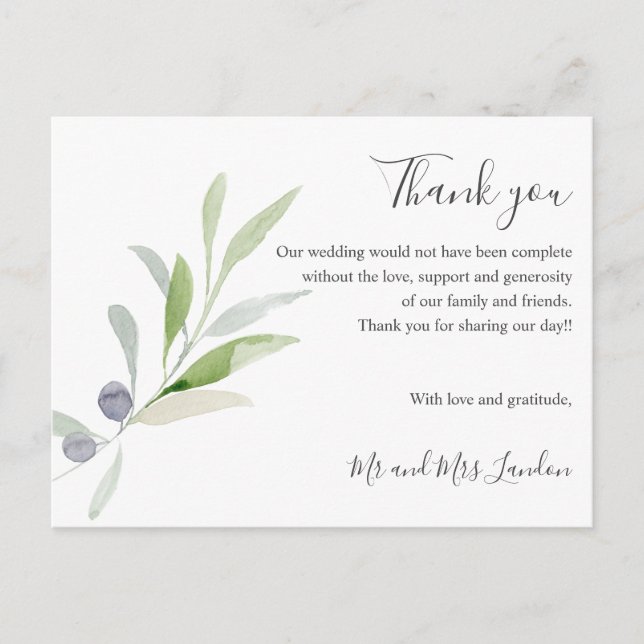 Delikate Olive und Blätter grün Hochzeit vielen Da Postkarte (Vorderseite)