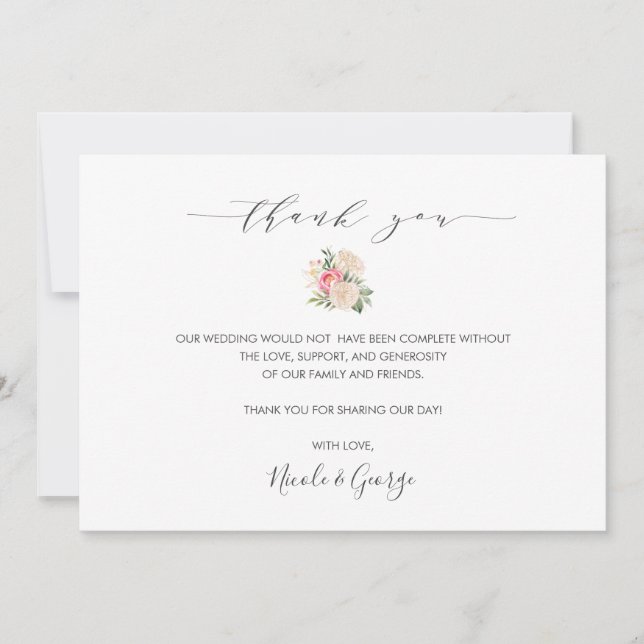 Delikate Peony Bouquet Sommerhochzeit danke Einladung (Vorderseite)