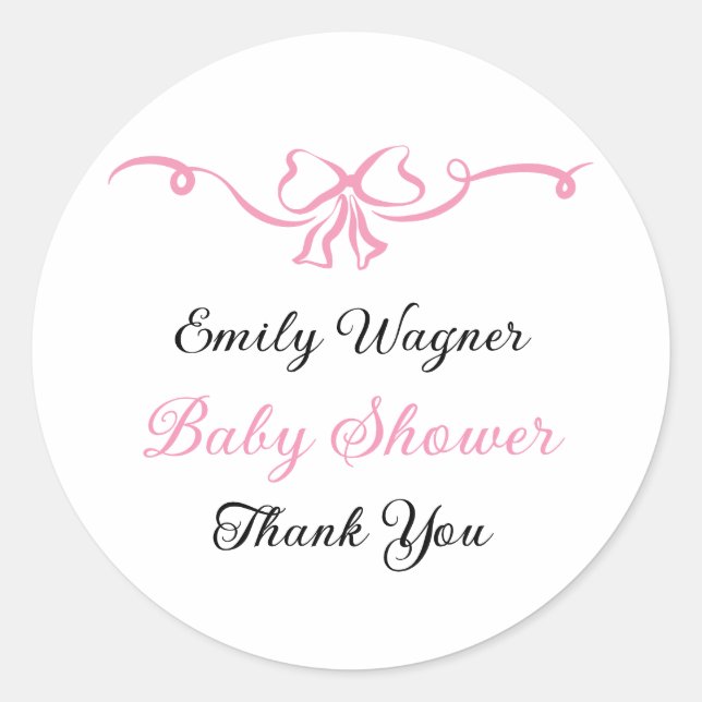 Delikate Pink Bow Baby Dusche Runder Aufkleber (Vorderseite)
