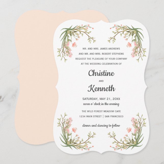 Delikate Pink Meadow Blume Botanische Hochzeit Einladung (Vorne/Hinten)