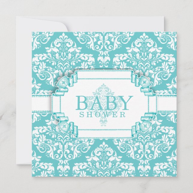 Delikate Robins Egg Blue Damask Einladung (Vorderseite)