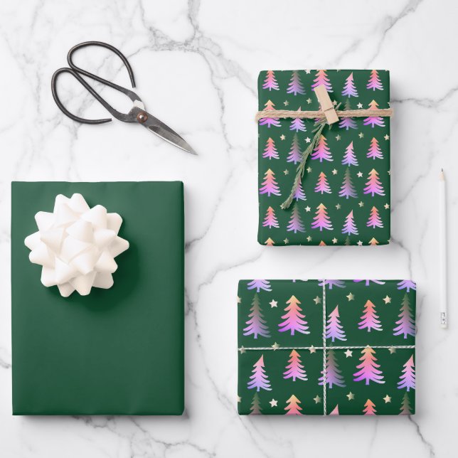 Delikate Rosa Bäume Frohe Weihnachtsgrün Geschenkpapier Set (Vorderseite)