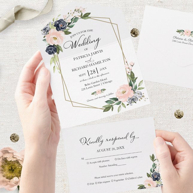 Delikate rosa blaue, florale geometrische Hochzeit All In One Einladung (Von Creator hochgeladen)