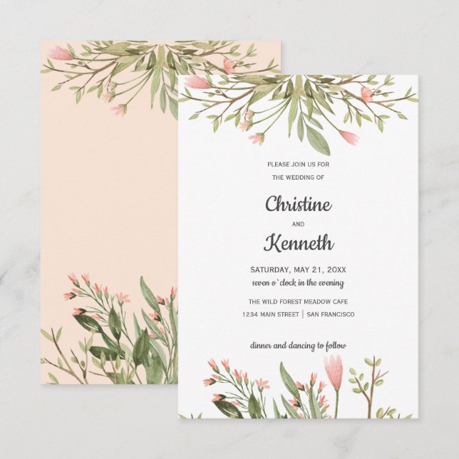 Delikate Rosa Wildblumen Chic Botanische Hochzeit Einladung (Vorne/Hinten)
