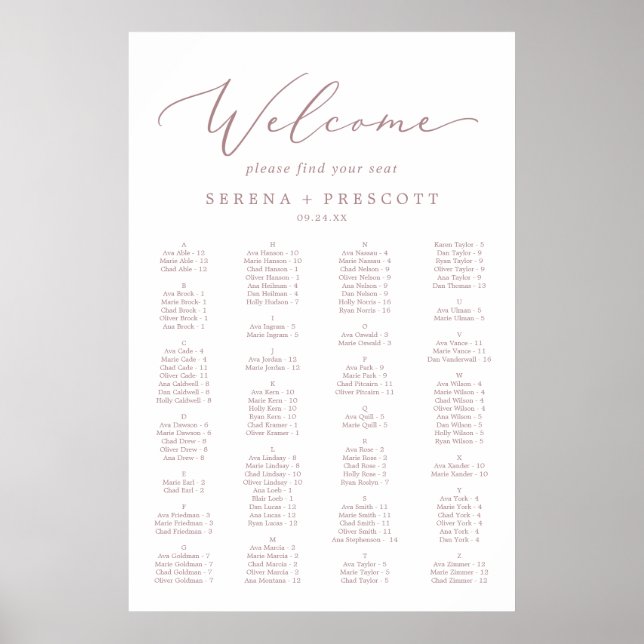 Delikate Rose Gold Alphabetische Sitzkarte Poster (Vorne)
