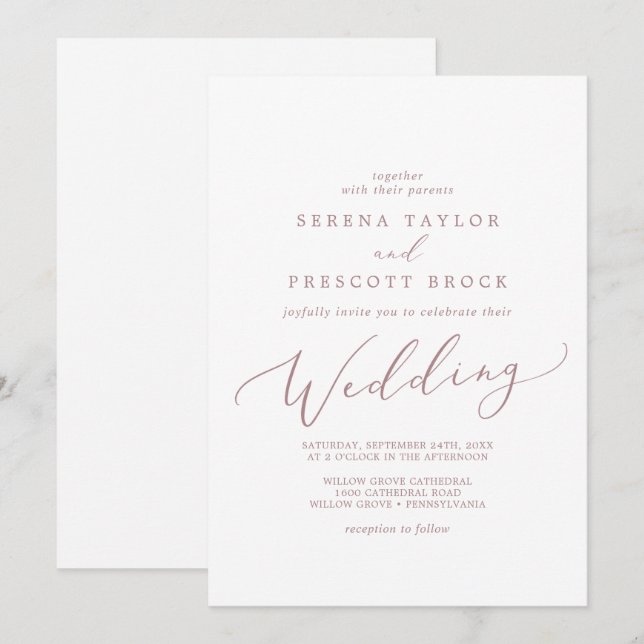 Delikate Rose Gold Calligrafy Wedding Einladung (Vorne/Hinten)