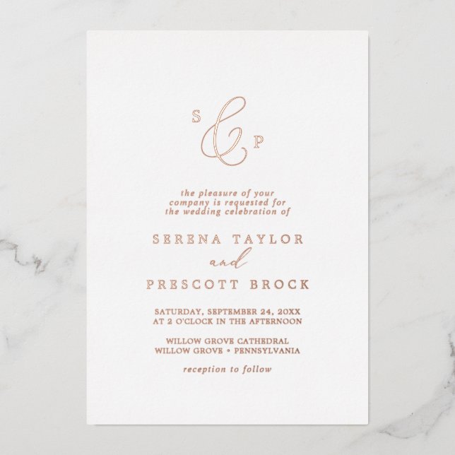 Delikate Rose Gold Foil Formal Monogram Wedding Folieneinladung (Vorderseite)