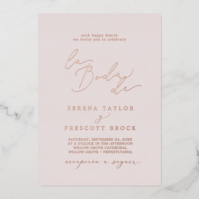 Delikate Rose Goldene Foil | Blush La Boda De Wedd Folieneinladung (Vorderseite)