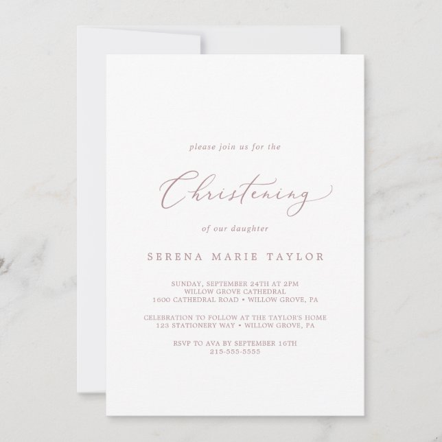 Delikate Rose Goldkalligrafie Christening Einladung (Vorderseite)
