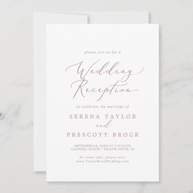 Delikate Rose Goldkalligrafie Hochzeitsempfang Einladung (Vorderseite)