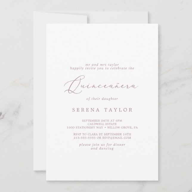 Delikate Rose Goldkalligrafie Quinceañera Einladung (Vorderseite)