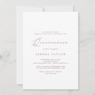 Delikate Rose Goldkalligrafie Quinceañera Einladung