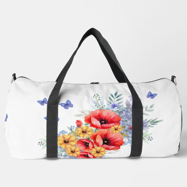 Delikate Rote Pfeffer, Sonnenblumen und Schmetterl Duffle Bag (Vorderseite)