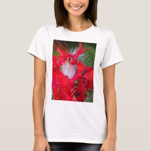 Delikate Schönheit: Rote Blume mit weißem Federn T-Shirt